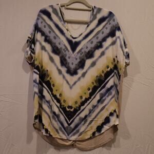 Plus Size Blue and Yellow Patterned One World V Neck, EUC, 1X